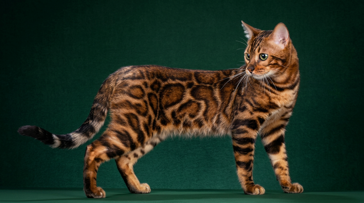 Rosetted Bengal cat in full profile against a deep green studio backdrop